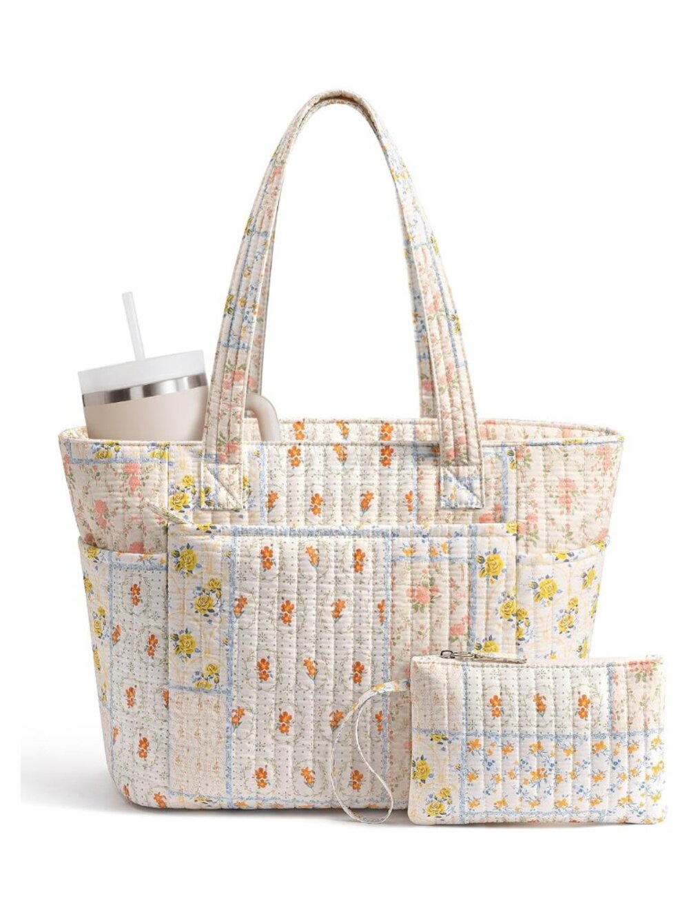 Quilted Cotton Tote Bag for Women 10 Pockets 14in Laptop Work Teacher Nurse